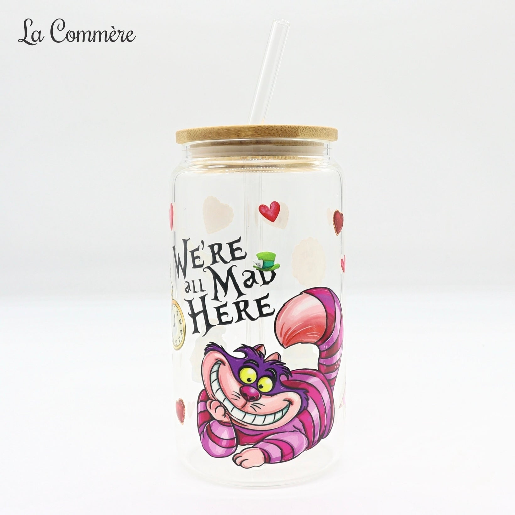 VERRE 16 OZ CHAT ALICE AUX PAYS DES MERVEILLES COEURS La Commère